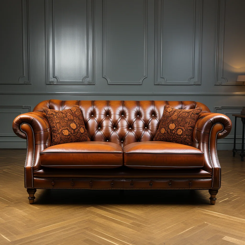 Brown tufted leather sofa against dark paneled walls