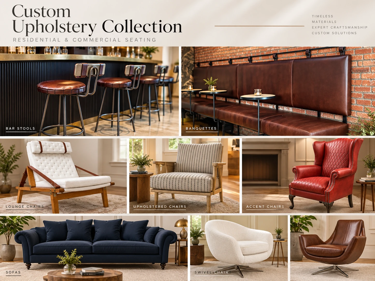 Custom Upholstery Collection: residential and commercial seating, including bar stools, banquettes, lounge chairs, upholstered chairs, accent chairs, sofas, and swivel chairs